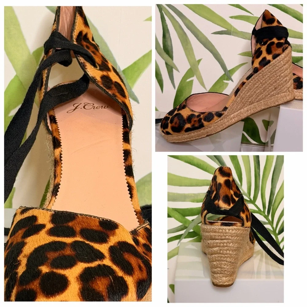 NEW J. Crew Leopard Print Espadrille Wedges with Black Ties
